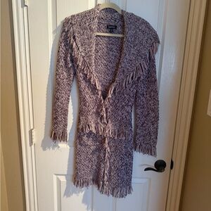 bebe Cozy Fringe Cardigan Sweater - Purple